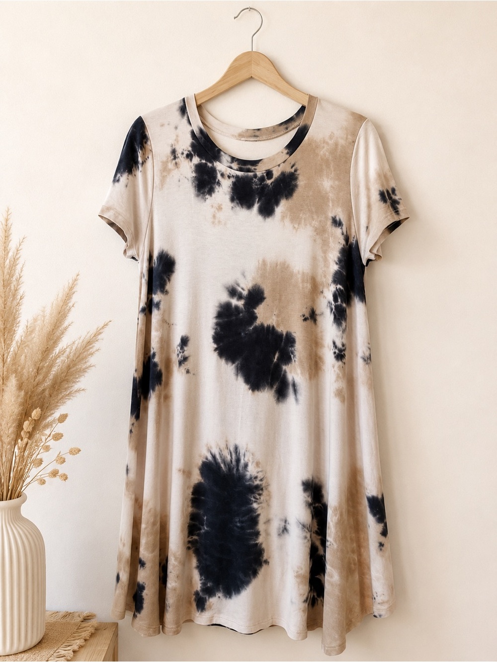 GINGER G | Tie-Dye Tee Dress in Cream, Taupe & Black